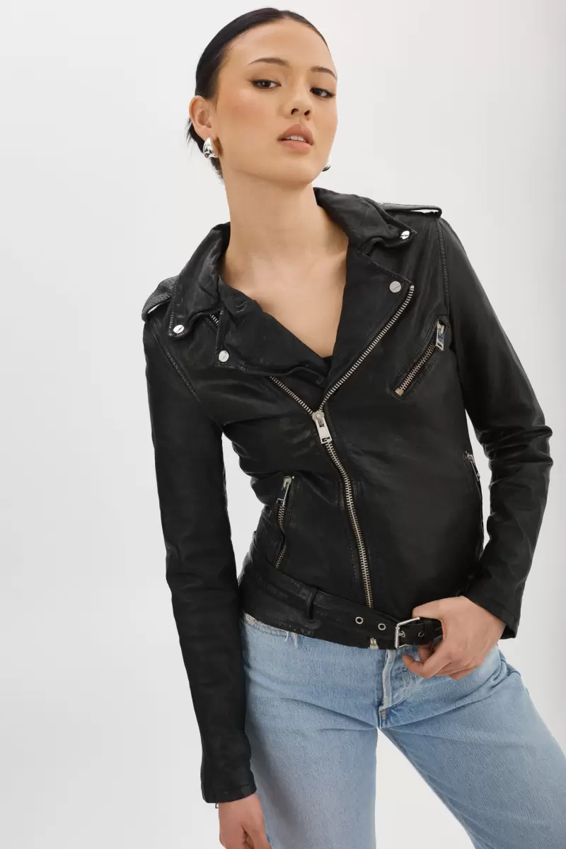 Black Kiyoshi | Washed Leather Belted Biker Jacket Women Tested Lamarque Leather Jackets - 2