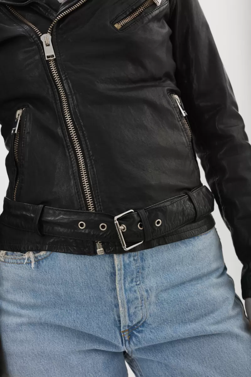 Black Kiyoshi | Washed Leather Belted Biker Jacket Women Tested Lamarque Leather Jackets - 3