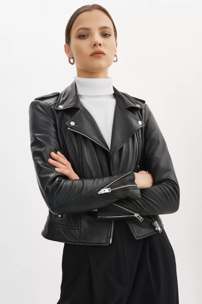 Black Leather Jackets Easy Lamarque Donna | Iconic Leather Biker Jacket Women - 1