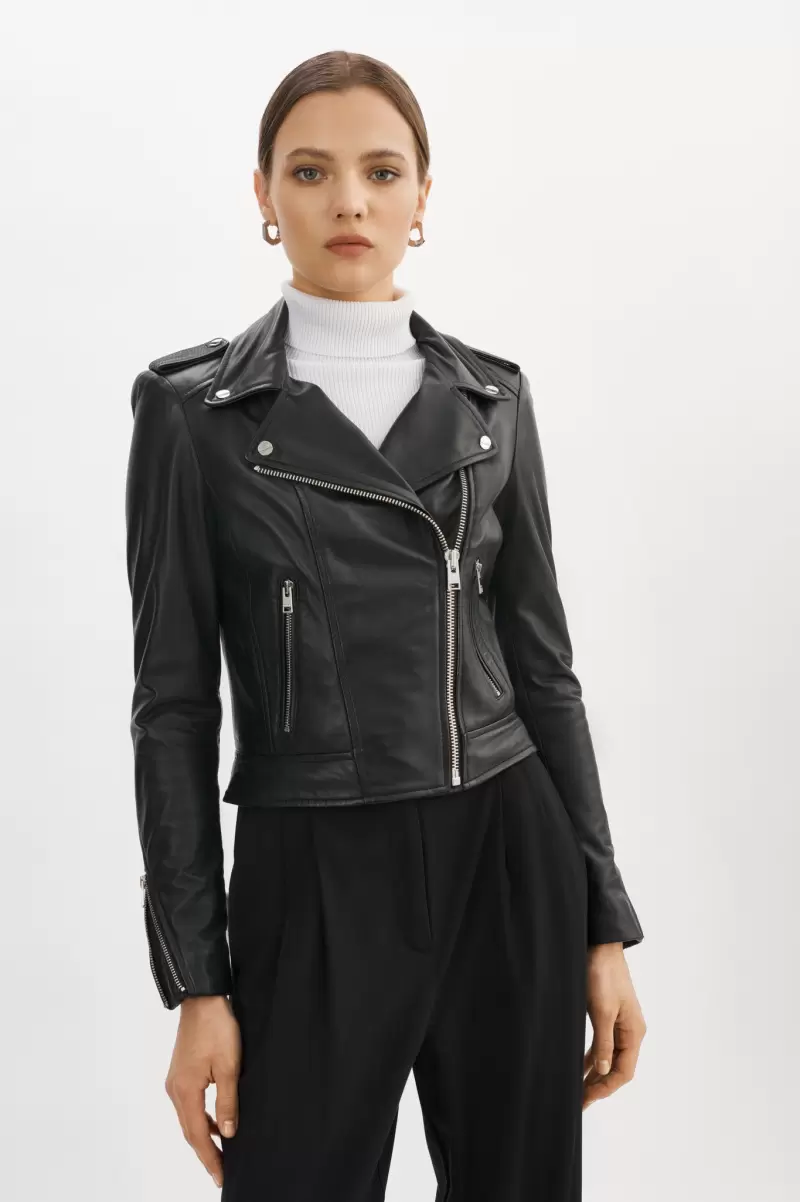 Black Leather Jackets Easy Lamarque Donna | Iconic Leather Biker Jacket Women - 2