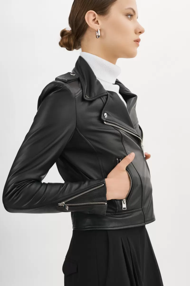 Black Leather Jackets Easy Lamarque Donna | Iconic Leather Biker Jacket Women - 3