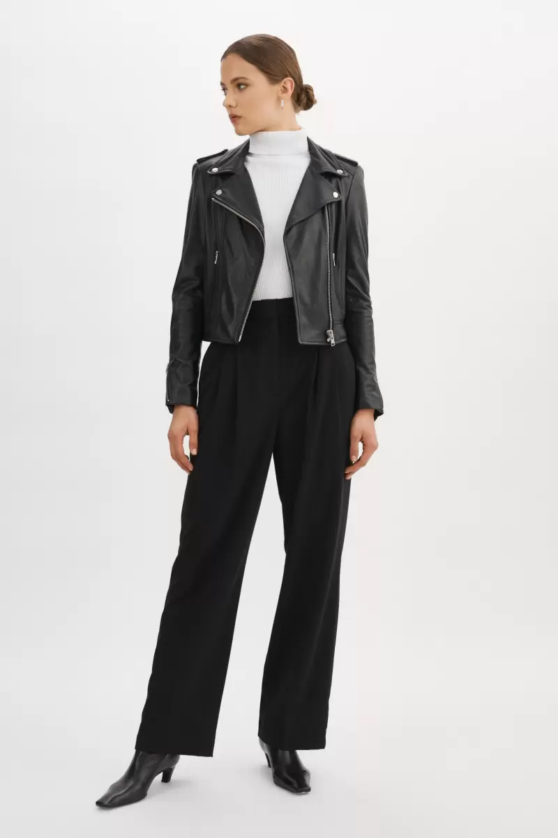 Black Leather Jackets Easy Lamarque Donna | Iconic Leather Biker Jacket Women - 4