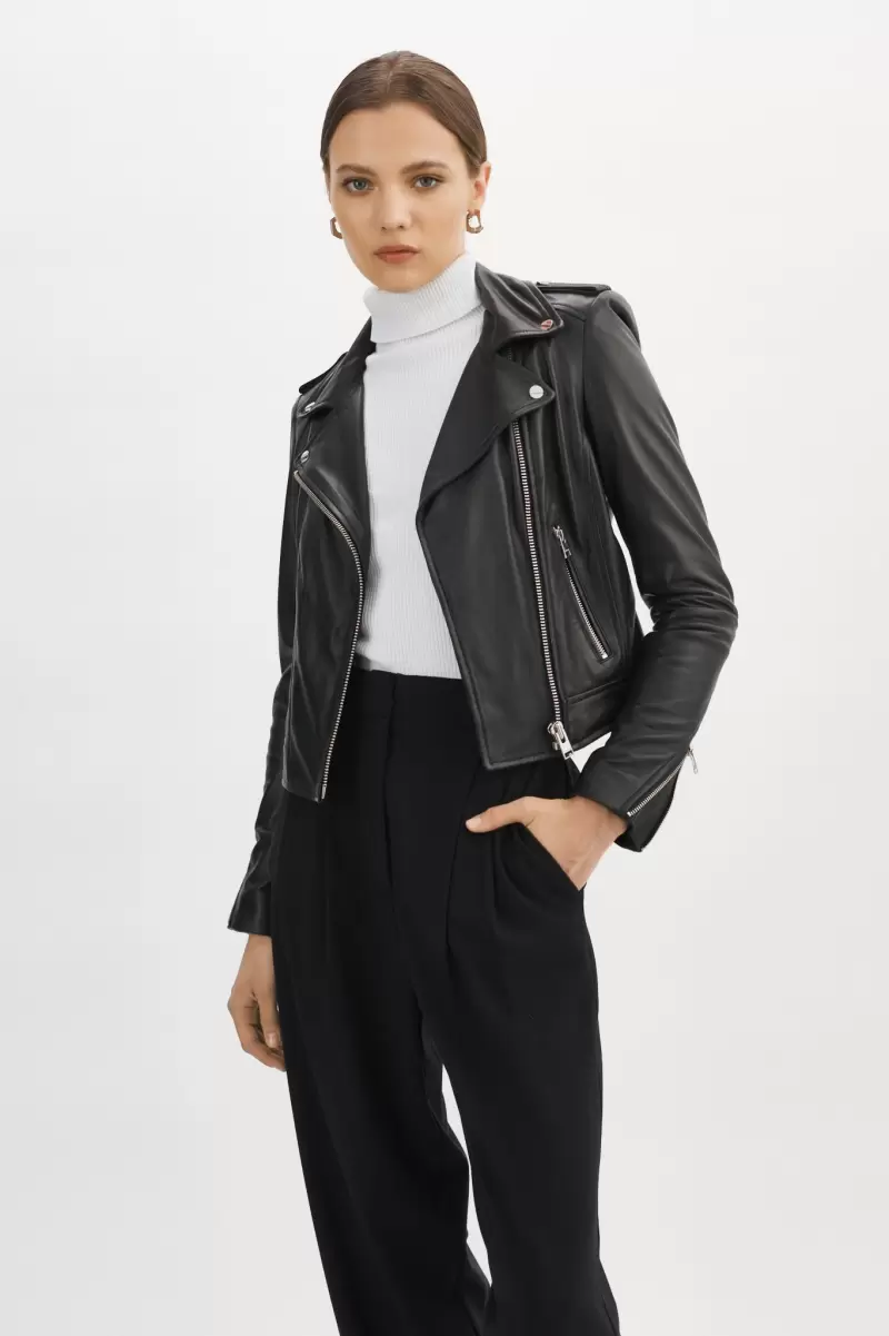 Black Leather Jackets Easy Lamarque Donna | Iconic Leather Biker Jacket Women
