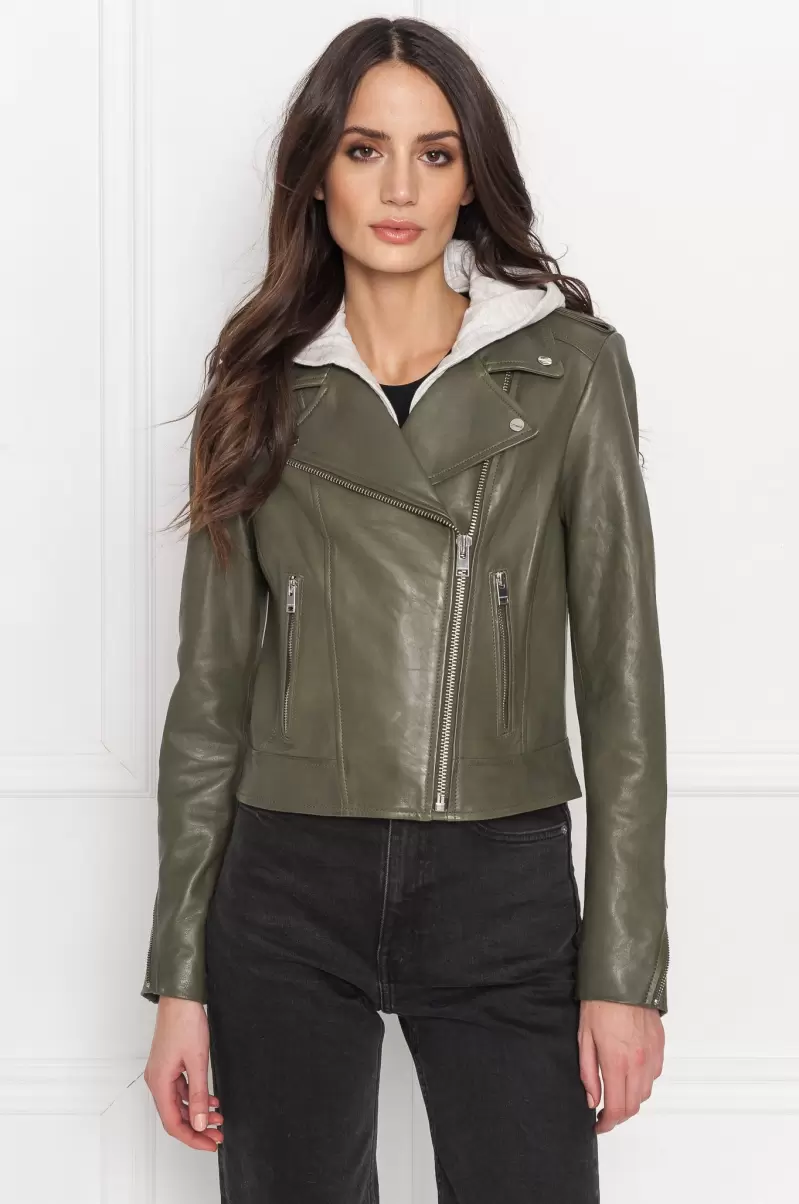 Leather Jackets Dusty Olive Affordable Lamarque Women Holy | Leather Biker Jacket With Removable Hood - 1