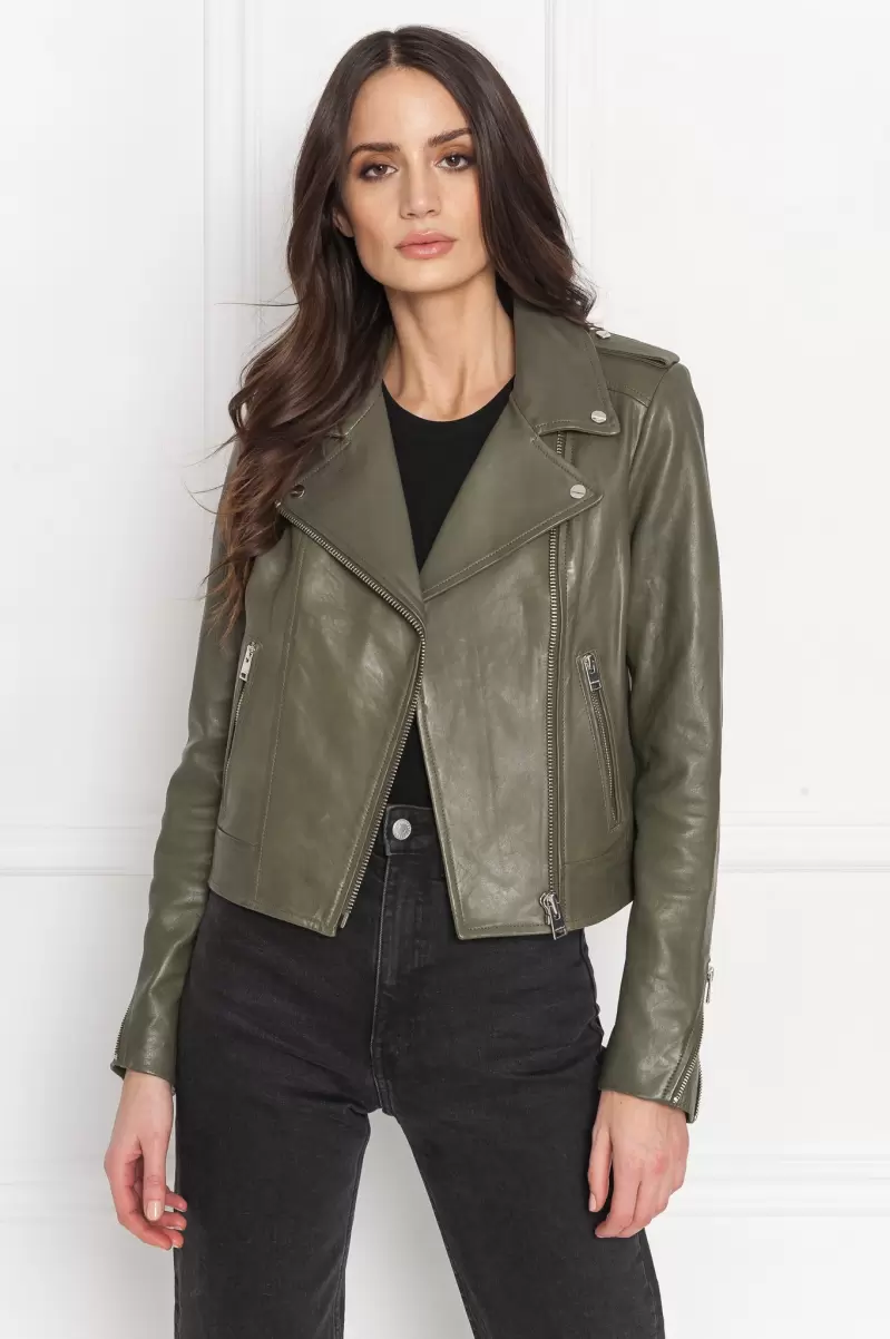 Leather Jackets Dusty Olive Affordable Lamarque Women Holy | Leather Biker Jacket With Removable Hood - 2