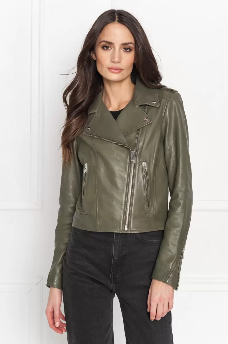 Leather Jackets Dusty Olive Affordable Lamarque Women Holy | Leather Biker Jacket With Removable Hood - 3