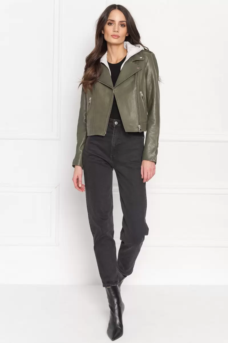 Leather Jackets Dusty Olive Affordable Lamarque Women Holy | Leather Biker Jacket With Removable Hood - 4