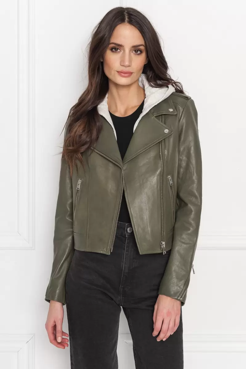 Leather Jackets Dusty Olive Affordable Lamarque Women Holy | Leather Biker Jacket With Removable Hood