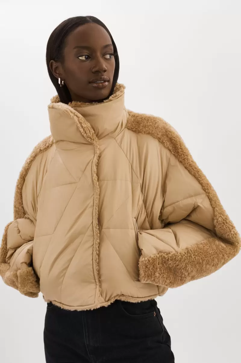 Sharon | Mixed Media Puffer Jacket Custom Lamarque Coats & Jackets Women Caramel - 1