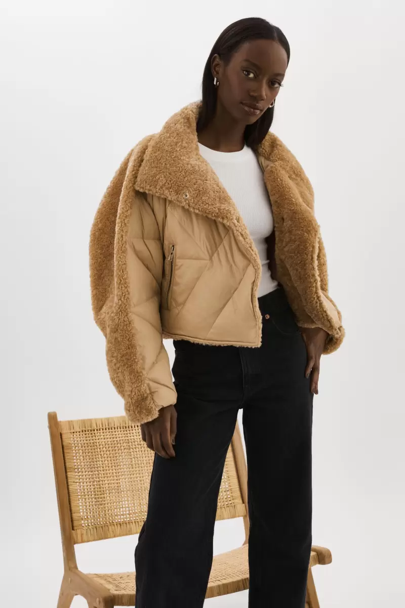 Sharon | Mixed Media Puffer Jacket Custom Lamarque Coats & Jackets Women Caramel - 3