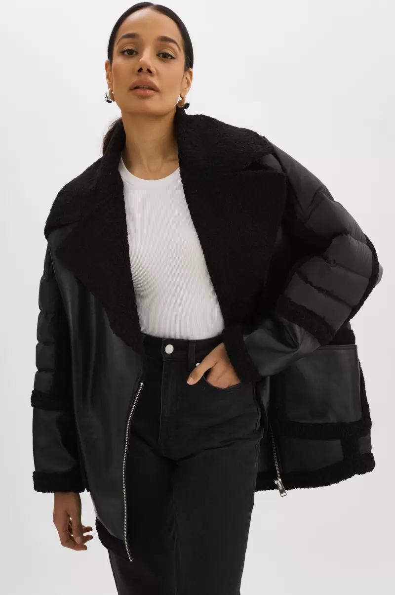 Lisa | Oversized Mixed Media Cocoon Jacket Coats & Jackets Black / Black Chic Lamarque Women - 1