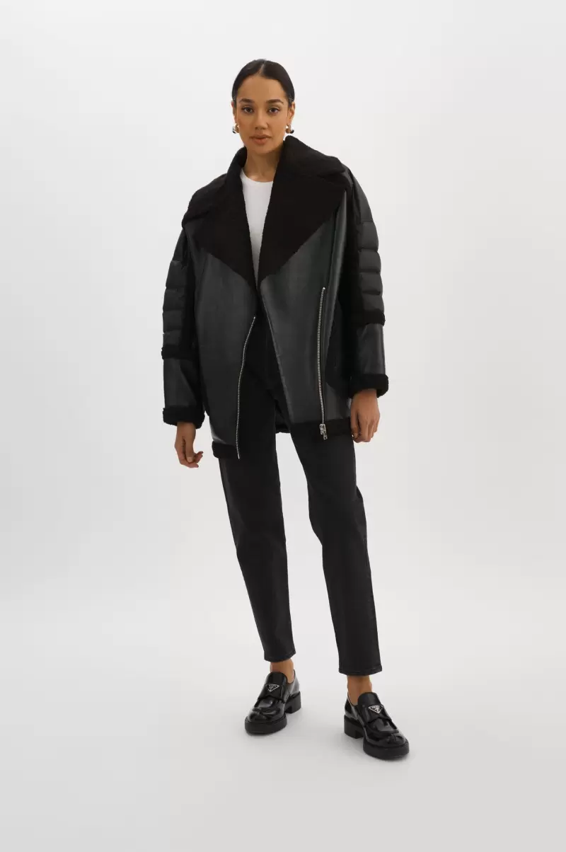 Lisa | Oversized Mixed Media Cocoon Jacket Coats & Jackets Black / Black Chic Lamarque Women - 4