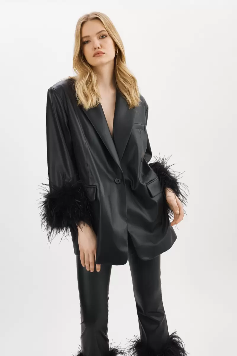 Women Lamarque Coats & Jackets Black Luxury Galia | Feather Trim Blazer - 4