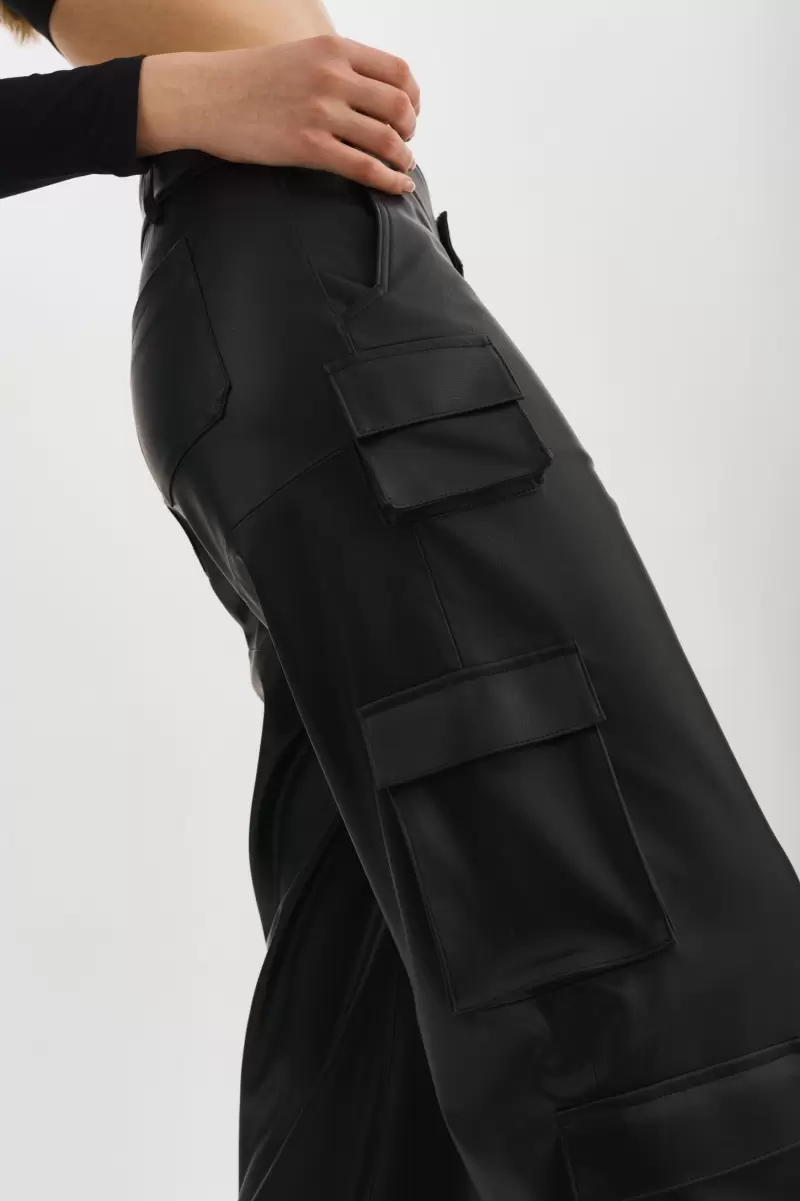 Women Black Exclusive Pants Lamarque Bobbi | Faux Leather Cargo Pants - 2