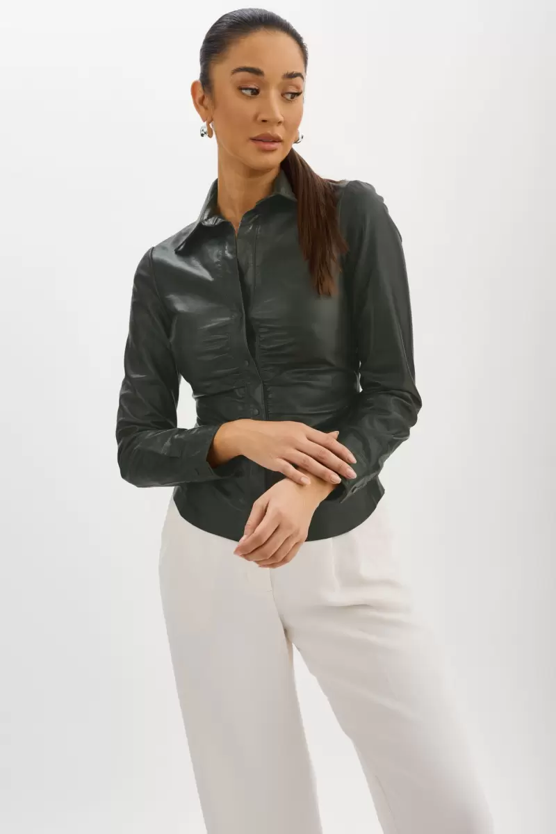 Lamarque Dark Green Reliable Women Tops Huda | Ruched Leather Shirt - 4