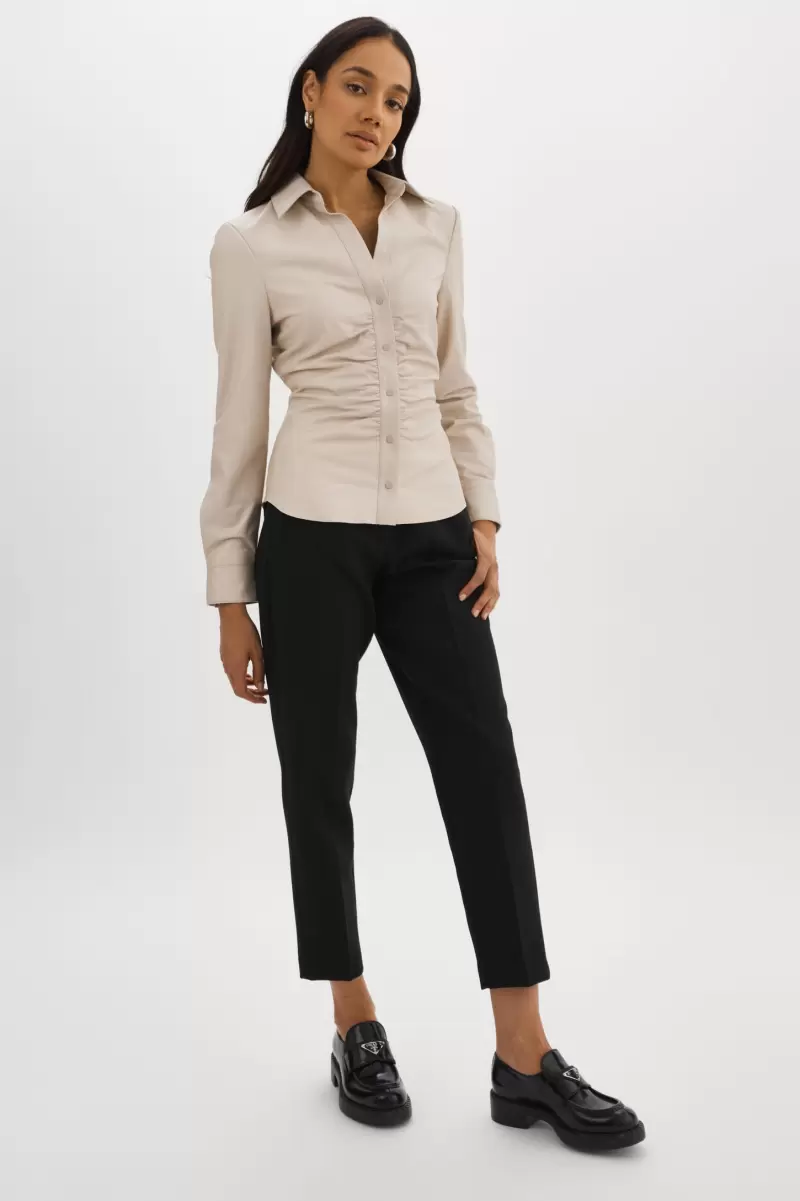 Tops Lamarque Knockdown Oat Huda | Ruched Leather Shirt Women - 1