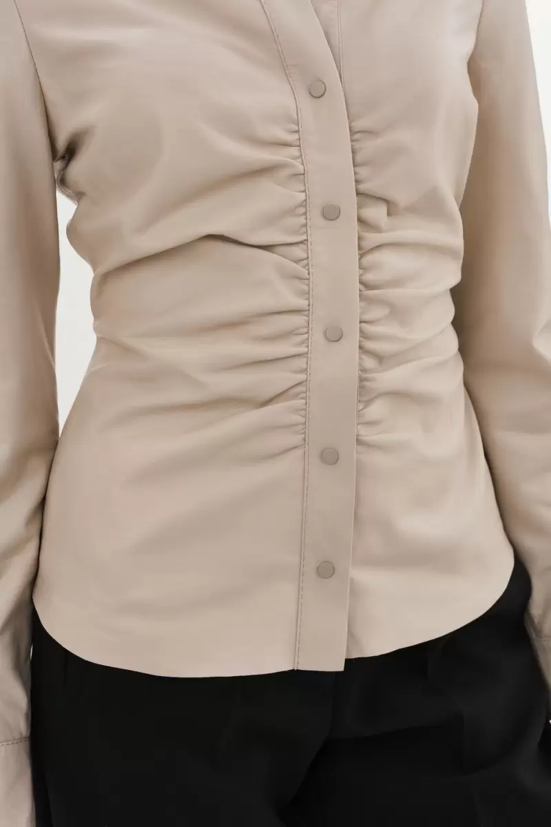 Tops Lamarque Knockdown Oat Huda | Ruched Leather Shirt Women - 2