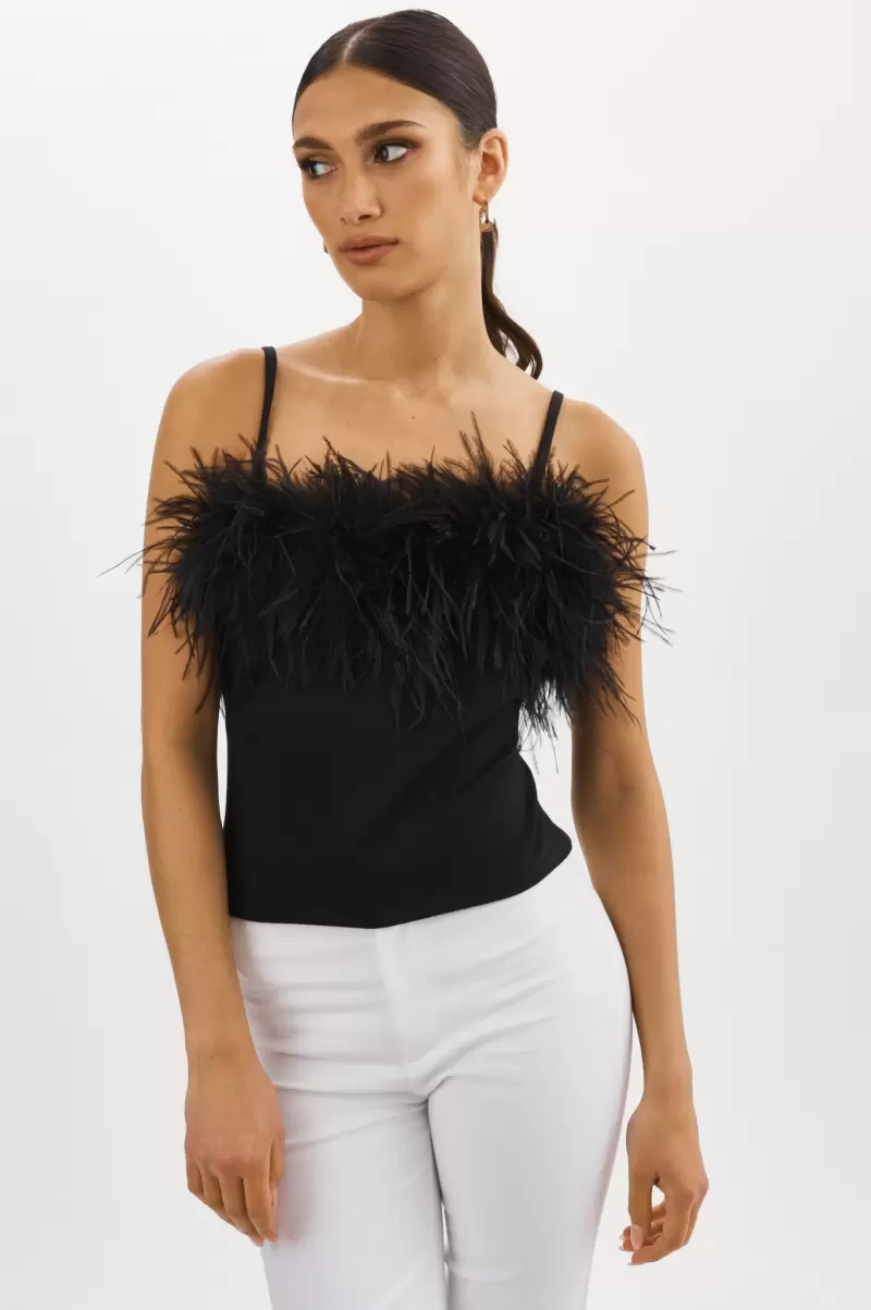 Tops Women User-Friendly Lamarque Black Yarina Feather Trimmed Top