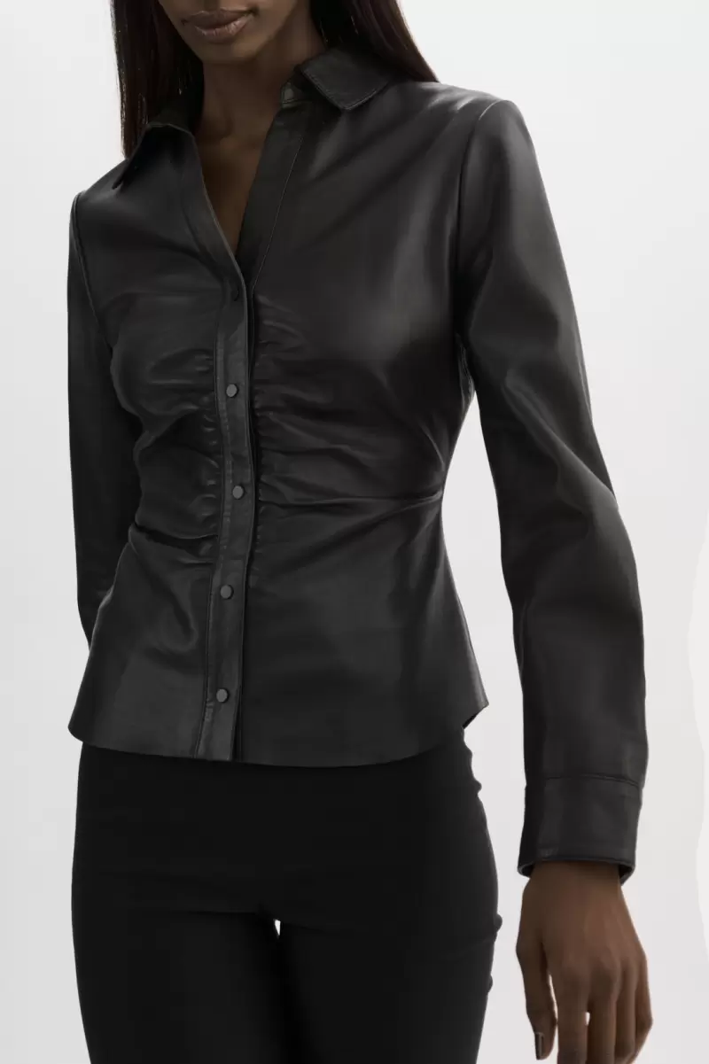 Lamarque Tops Black Innovative Women Huda | Ruched Leather Shirt - 2
