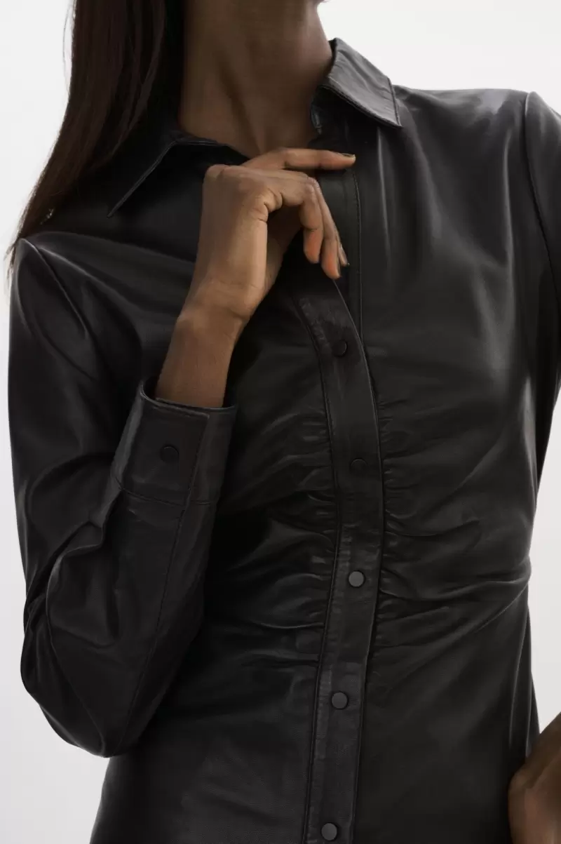 Lamarque Tops Black Innovative Women Huda | Ruched Leather Shirt - 3