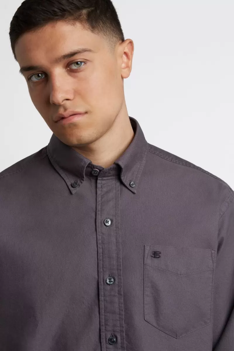 Men Ben Sherman Shirts Beatnik Oxford Garment Dye Shirt - Charcoal Manifest Charcoal - 3