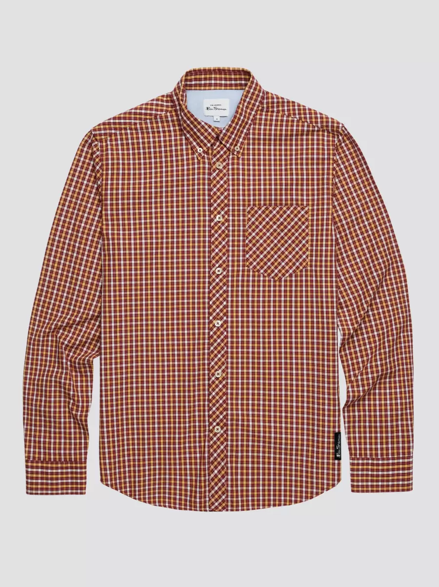 Men Signature Long-Sleeve House Check Shirt - Claret Easy-To-Use Claret Ben Sherman Shirts