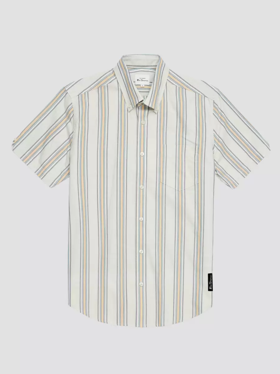 Men Ivy Oxford Stripe Short-Sleeve Shirt - Eggshell Ben Sherman Online Eggshell|Dark Pink Shirts