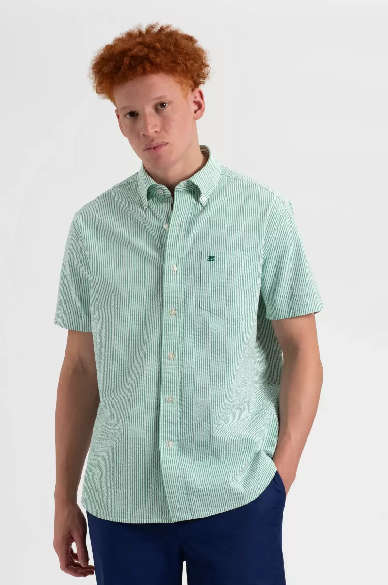 Green/Ecru Men Shirts Safe Ben Sherman Seersucker Short Sleeve Bengal Stripe Shirt - Green/Ecru - 1