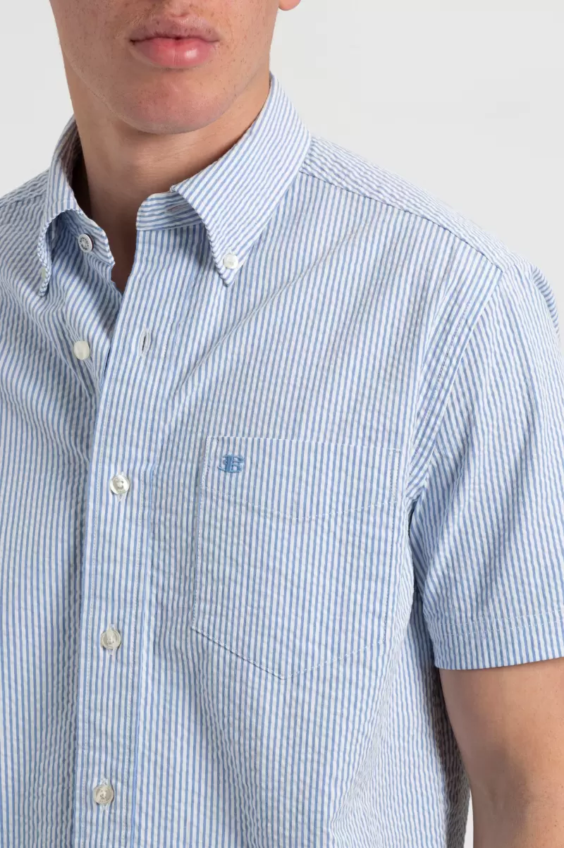 Ben Sherman Luxurious Seersucker Short Sleeve Bengal Stripe Shirt - Light Blue/Ecru Shirts Light Blue/Ecru Men - 5