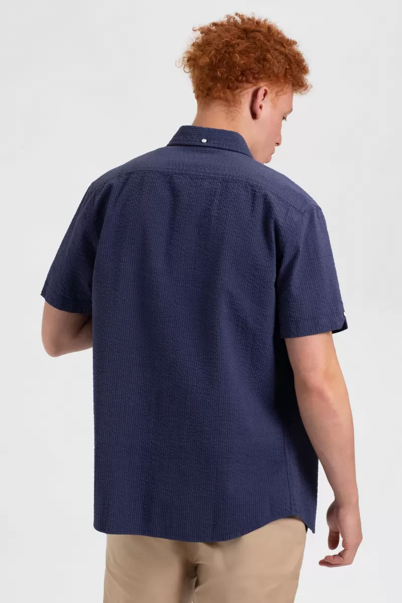 Seersucker Short Sleeve Bengal Stripe Shirt - Navy Shop Men Navy Ben Sherman Shirts - 5