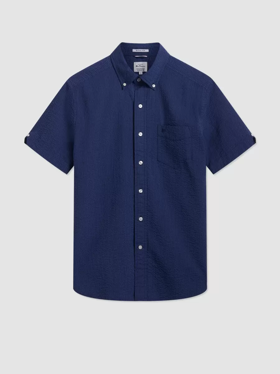 Seersucker Short Sleeve Bengal Stripe Shirt - Navy Shop Men Navy Ben Sherman Shirts