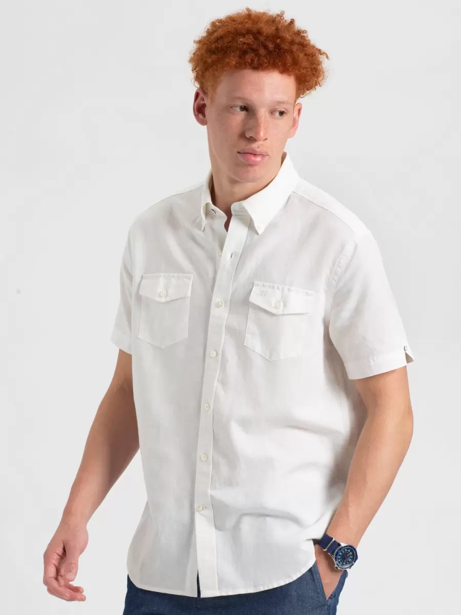 Ingenious Men Ben Sherman White Shirts Garment Dye Short-Sleeve Linen Shirt - White - 1