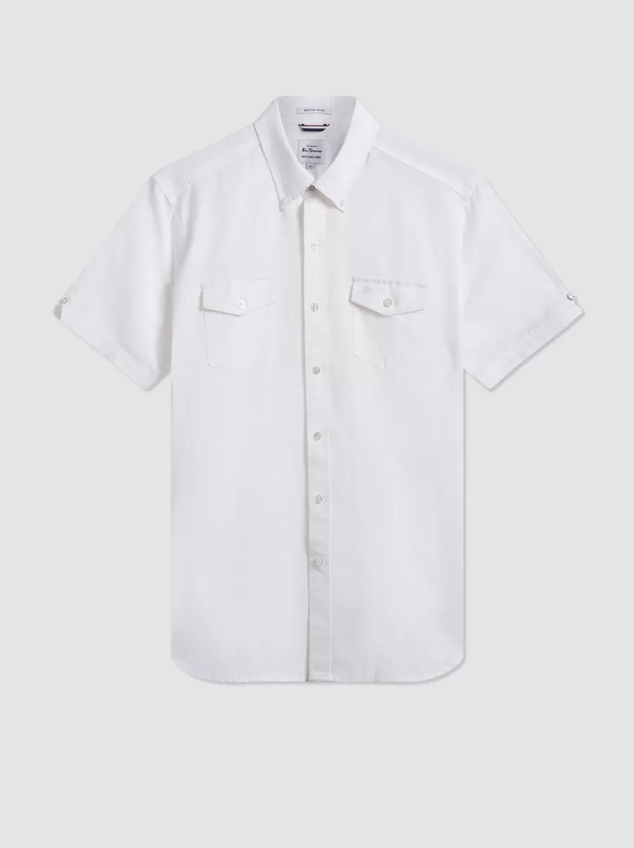 Ingenious Men Ben Sherman White Shirts Garment Dye Short-Sleeve Linen Shirt - White - 5