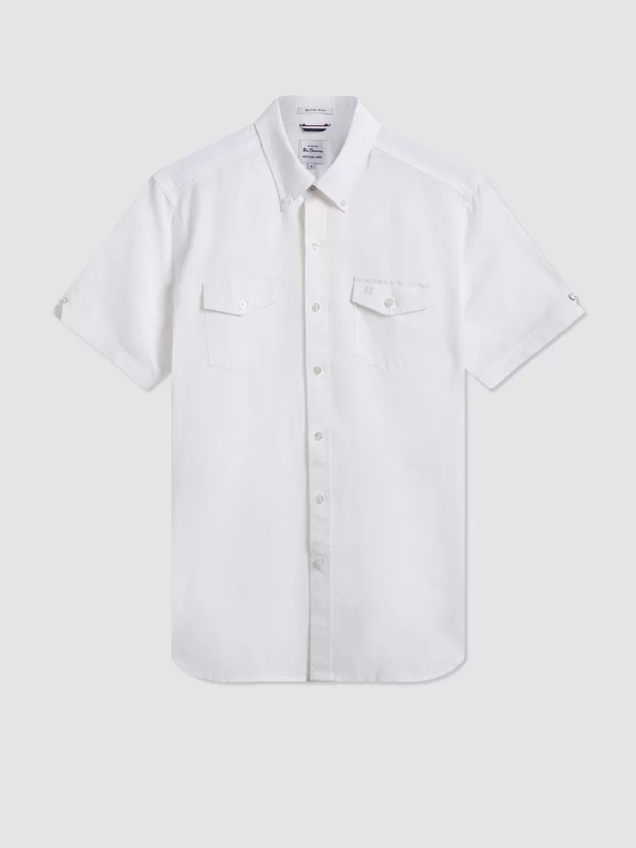 Ingenious Men Ben Sherman White Shirts Garment Dye Short-Sleeve Linen Shirt - White