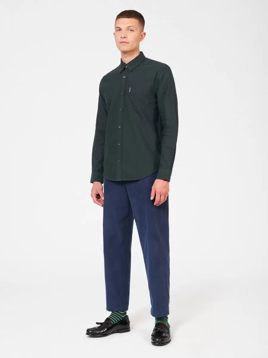 Signature Organic Long-Sleeve Oxford Shirt - Dark Green Trending Men Dark Green Ben Sherman Shirts - 4