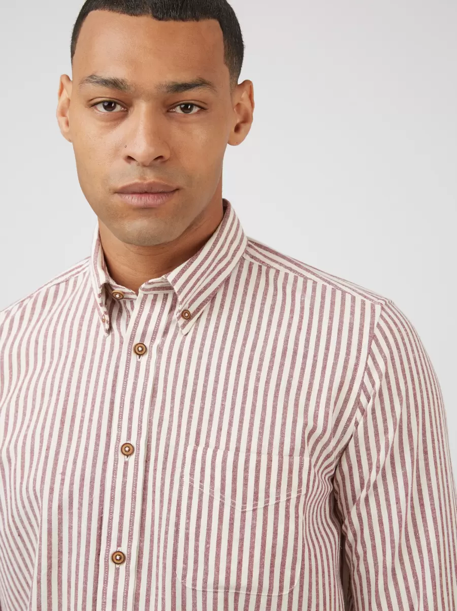 Oxford Stripe Long-Sleeve Shirt - Wine Ben Sherman Wine Refashion Men Shirts - 3
