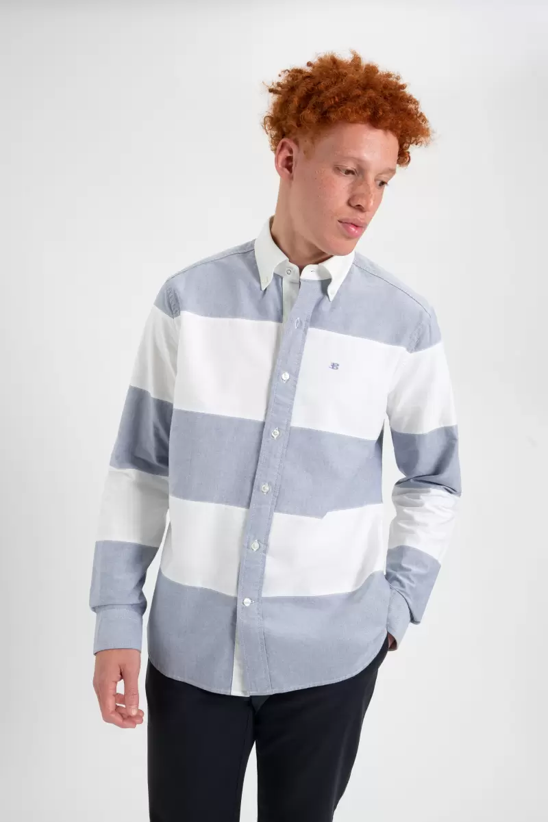 Men Ben Sherman Navy White Stripe Shirts Brighton Oxford Organic Garment Dye Rugby Shirt Inexpensive - 1