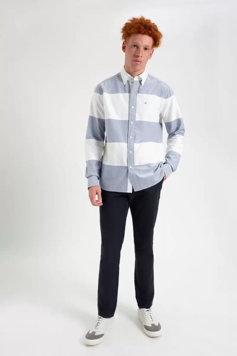 Men Ben Sherman Navy White Stripe Shirts Brighton Oxford Organic Garment Dye Rugby Shirt Inexpensive - 4