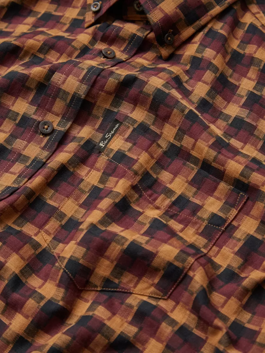 Men Fractured Gingham Check Long-Sleeve Shirt Aubergine Ben Sherman Shirts Classic - 1