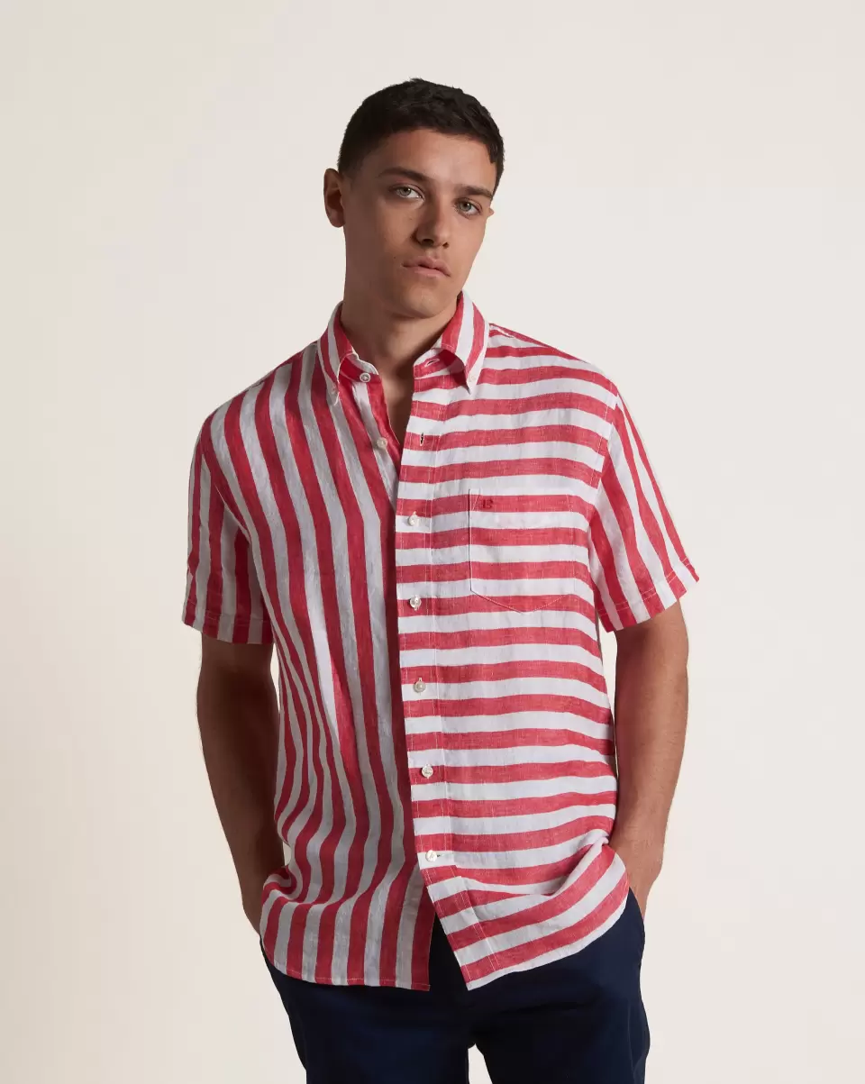 Shirts Tomato Red/Ecru B By Ben Sherman Candy Stripe Linen Short Sleeve Shirt - Red/Ecru Lowest Price Guarantee Men - 1
