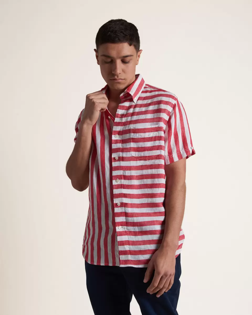 Shirts Tomato Red/Ecru B By Ben Sherman Candy Stripe Linen Short Sleeve Shirt - Red/Ecru Lowest Price Guarantee Men - 2