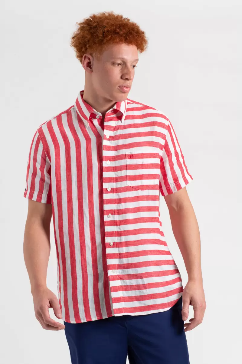 Shirts Tomato Red/Ecru B By Ben Sherman Candy Stripe Linen Short Sleeve Shirt - Red/Ecru Lowest Price Guarantee Men