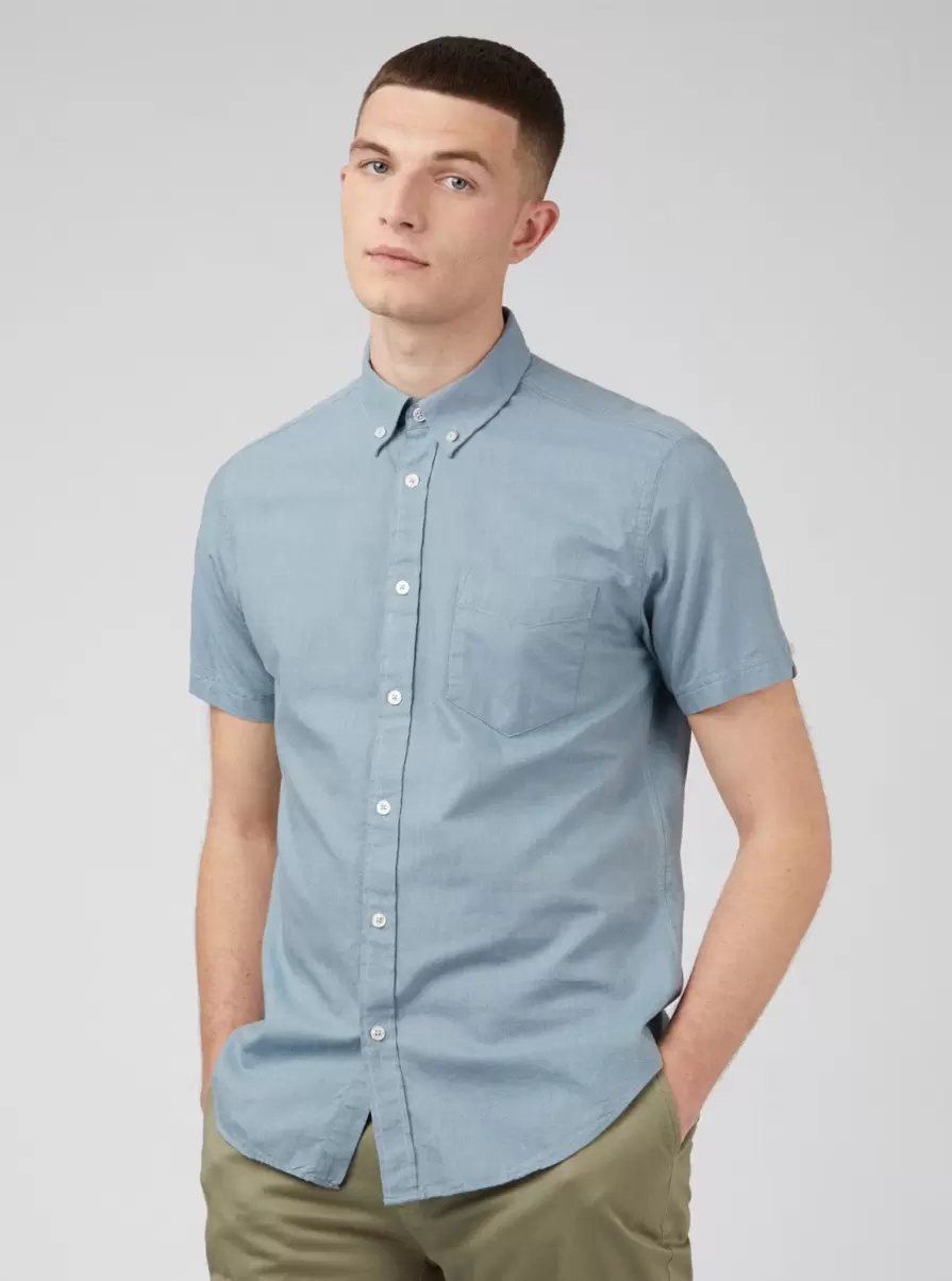 Men Signature Organic Short-Sleeve Oxford Shirt - Blue Shadow Blue Shadow Shirts Ben Sherman Exclusive Offer - 1