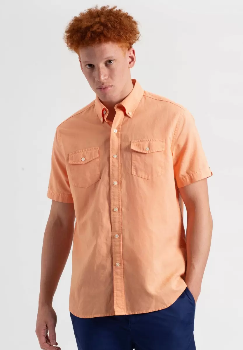 Washed Orange Ben Sherman Garment Dye Short-Sleeve Linen Shirt - Washed Orange Men Shirts Bargain - 1