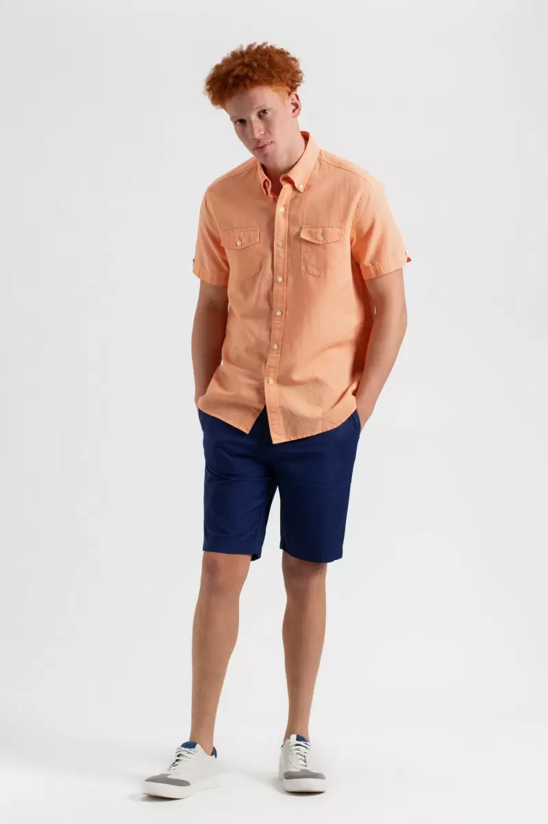 Washed Orange Ben Sherman Garment Dye Short-Sleeve Linen Shirt - Washed Orange Men Shirts Bargain - 4