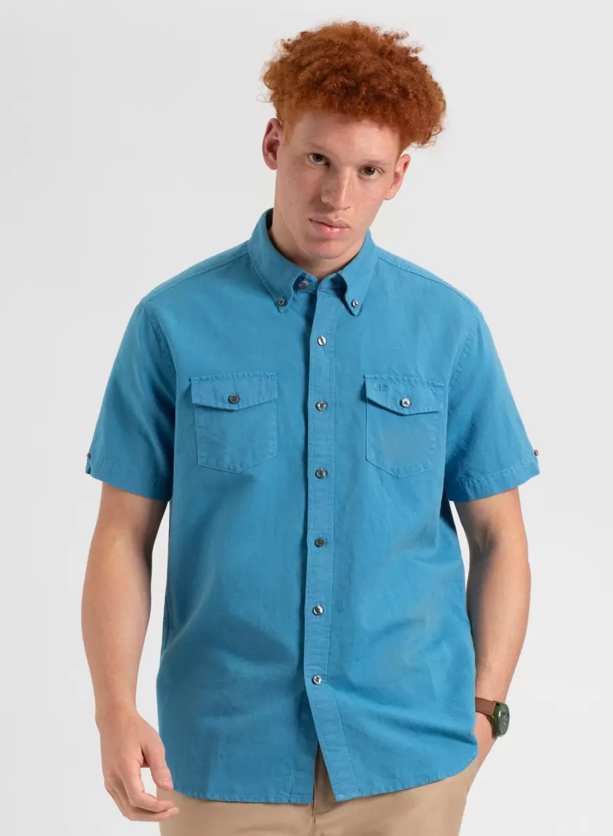 Ben Sherman Parisian Blue Garment Dye Short-Sleeve Linen Shirt - Parisian Blue Sale Men Shirts - 1