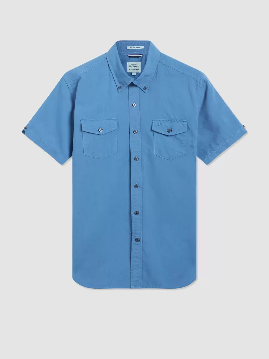 Ben Sherman Parisian Blue Garment Dye Short-Sleeve Linen Shirt - Parisian Blue Sale Men Shirts