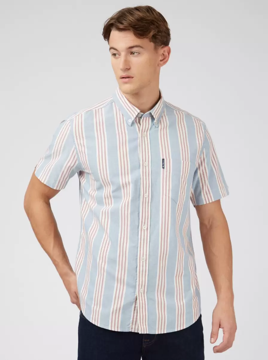 Ivy Block Stripe Short-Sleeve Shirt Blue Shadow Now Shirts Ben Sherman Men - 5