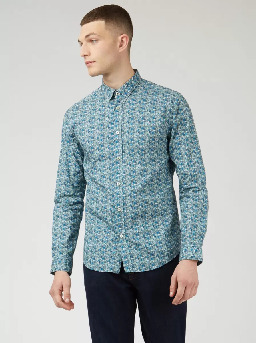 Shirts Floral Print Long-Sleeve Shirt - Blue Ben Sherman Markdown Blue Shadow Men - 5