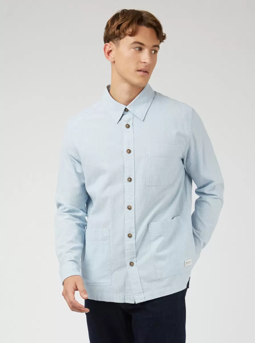 Pale Blue Men Lightweight Textured Summer Overshirt Classic Ben Sherman Shirts - 5